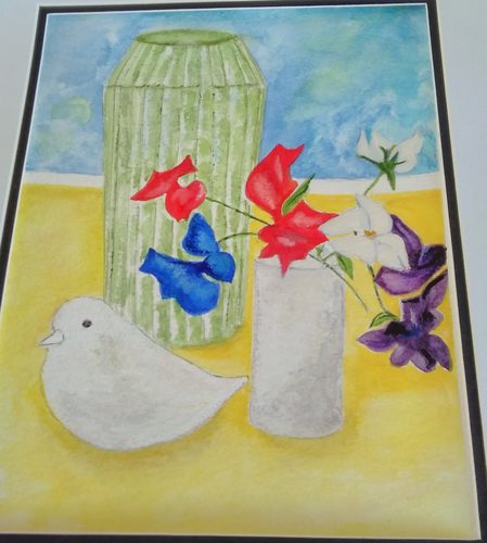 Lynne, Still Life with Sweet Peas, watercolour.